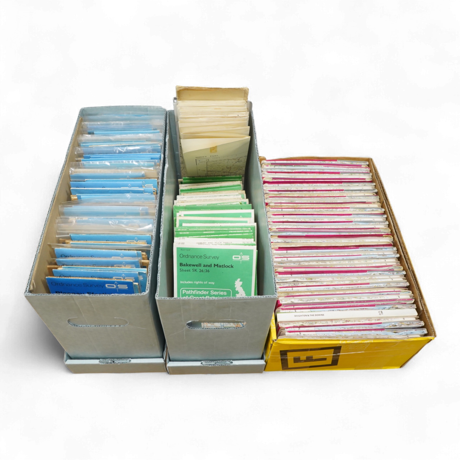 A collection of Ordnance Survey maps, including; Pathfinder 1:25,000 second series, 1:25,000 first series, and Landranger series 1:50,000, etc. (3 boxes)